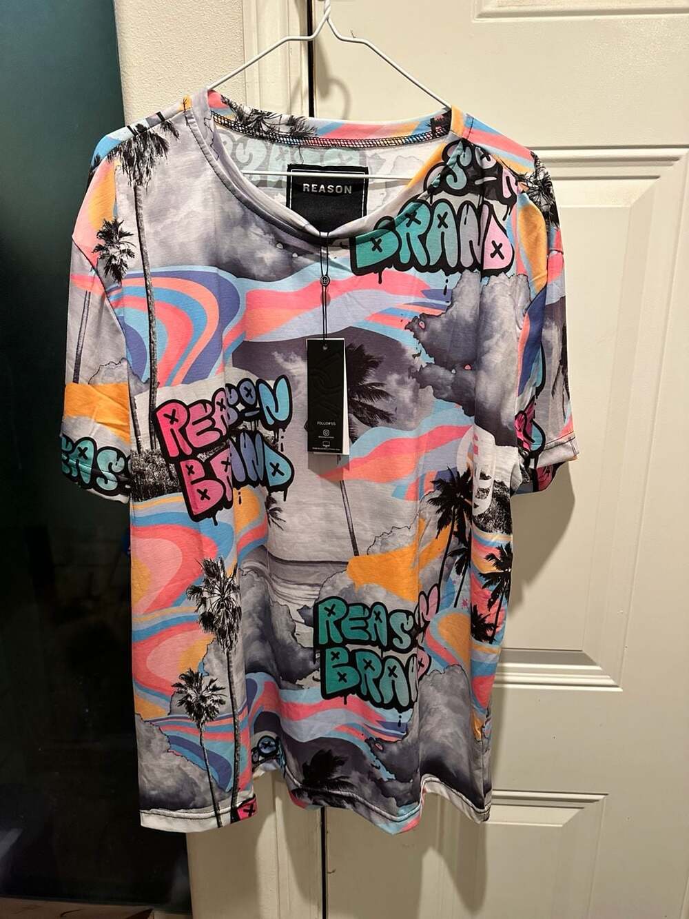 Reason Brand XL Graffiti Tropical Allover Print Stormy Graphic Tee